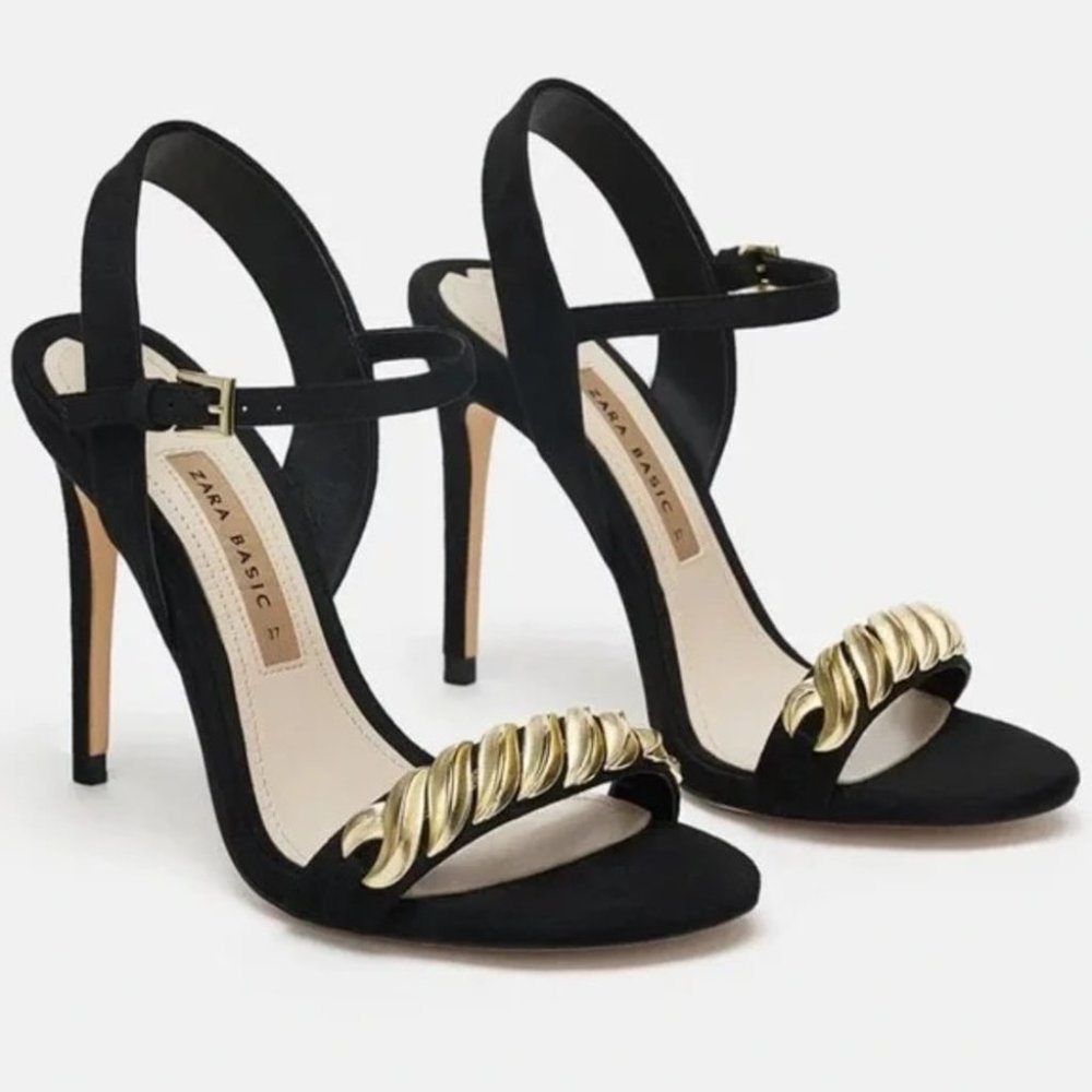 SOLD Zara Black Gold New High Heeled with Chain Sandals, Sz 8/39 - Picture 1 of 11